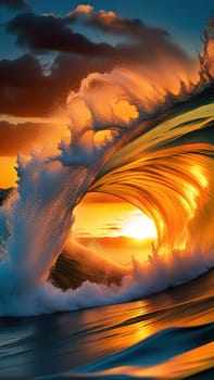 Beautiful wave in the ocean at sunset. 3D illustration.Surfing ocean wave at sunset time. 3D Rendering.Surfing ocean wave at sunset. Beautiful natural background.Beautiful sunset on the beach with a wave in the foreground.