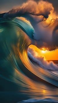Beautiful wave in the ocean at sunset. 3D illustration.Surfing ocean wave at sunset time. 3D Rendering.Surfing ocean wave at sunset. Beautiful natural background.Beautiful sunset on the beach with a wave in the foreground.