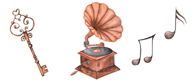 Watercolor vintage set of antique gramophone key and musical notes. Elegant retro style of pictures for the design of cards and posters.