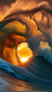 Beautiful wave in the ocean at sunset. 3D illustration.Surfing ocean wave at sunset time. 3D Rendering.Surfing ocean wave at sunset. Beautiful natural background.Beautiful sunset on the beach with a wave in the foreground.