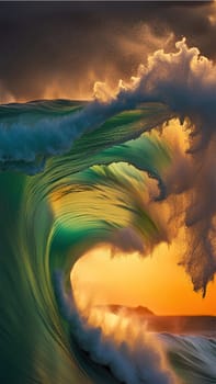 Beautiful wave in the ocean at sunset. 3D illustration.Surfing ocean wave at sunset time. 3D Rendering.Surfing ocean wave at sunset. Beautiful natural background.Beautiful sunset on the beach with a wave in the foreground.