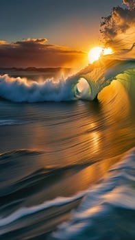 Beautiful wave in the ocean at sunset. 3D illustration.Surfing ocean wave at sunset time. 3D Rendering.Surfing ocean wave at sunset. Beautiful natural background.Beautiful sunset on the beach with a wave in the foreground.