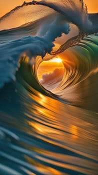 Beautiful wave in the ocean at sunset. 3D illustration.Surfing ocean wave at sunset time. 3D Rendering.Surfing ocean wave at sunset. Beautiful natural background.Beautiful sunset on the beach with a wave in the foreground.