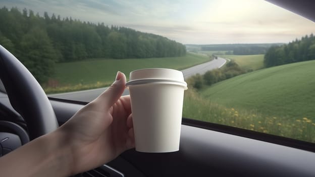 a hand with a white papper coffee cup at the window of a car driving in nature, among green hills and forest.