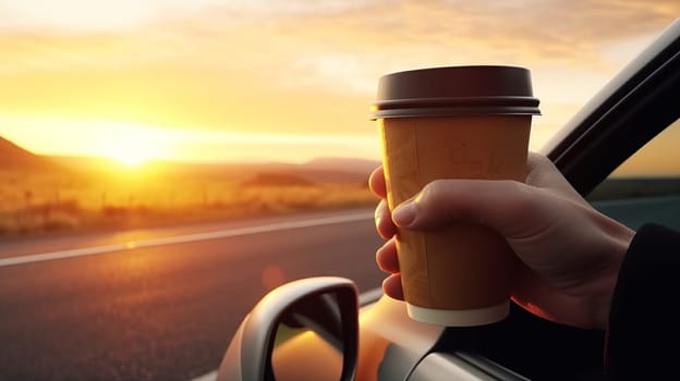 men hand with a brown paper coffee cup stretched out of the window of a car driving in nature, on sunset.