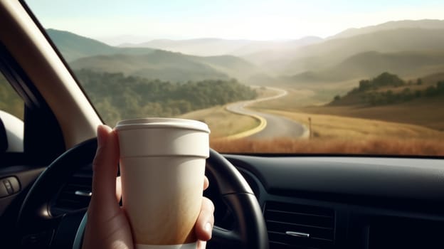 a hand with a white paper coffee cup at the wheel of a car driving in nature, among autumn hills, forests and mountains.