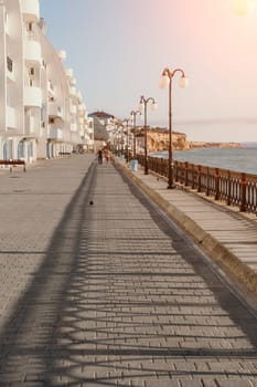 coastal area with apartment buildings of residential areas, modern hotel and restaurant complex on water and sandy beaches