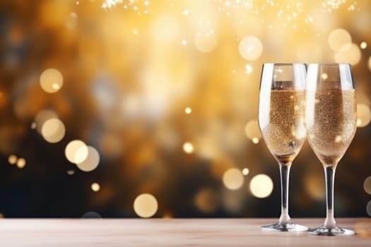 Blue and gold bokeh abstract background and champagne flute. AI Generated