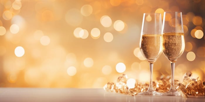 Blue and gold bokeh abstract background and champagne flute. AI Generated