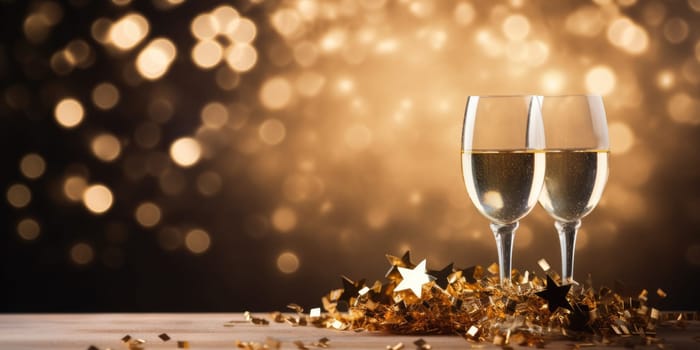 Blue and gold bokeh abstract background and champagne flute. AI Generated