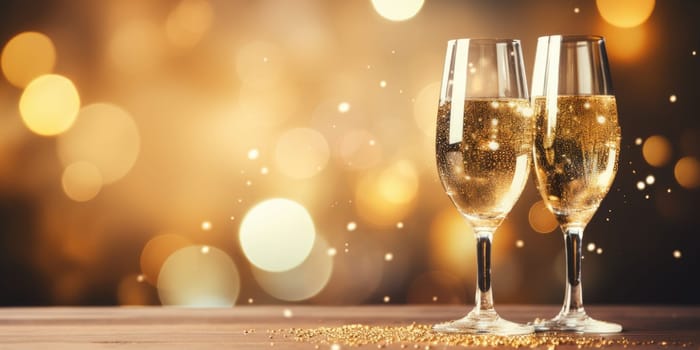 Blue and gold bokeh abstract background and champagne flute. AI Generated