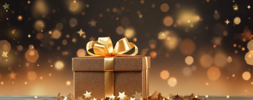 gold bokeh abstract background and gift box. AI Generated