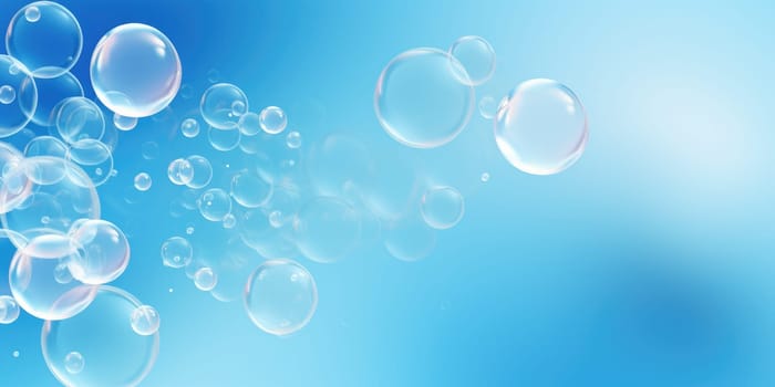 Floating colorful soap bubbles background, abstract design on blue background. AI Generated