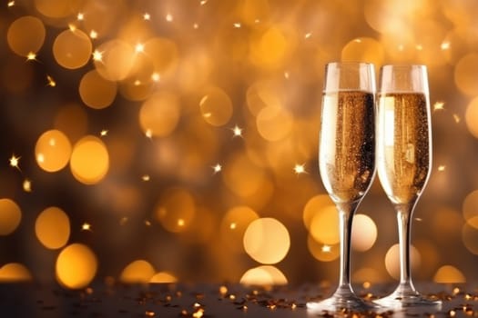 Blue and gold bokeh abstract background and champagne flute. AI Generated