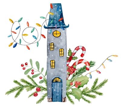 Old Cottage With Christmas Decorations In Winter Is A Hand-Drawn Watercolor Painting