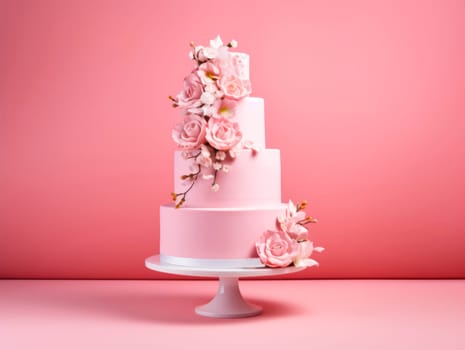 Beautiful multi-tiered cake decorated with flowers. On a pink background, there is a pink cake on a stand. High quality photo