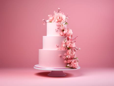 Beautiful multi-tiered cake decorated with flowers. On a pink background, there is a pink cake on a stand. High quality photo