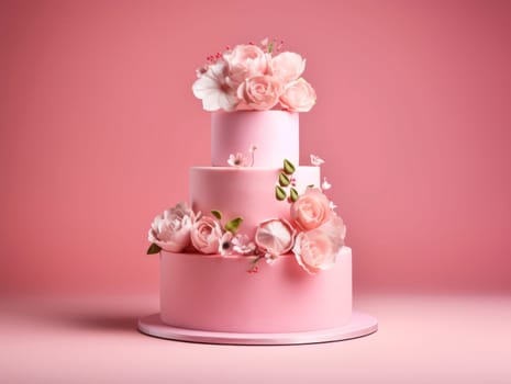 Beautiful multi-tiered cake decorated with flowers. On a pink background, there is a pink cake on a stand. High quality photo