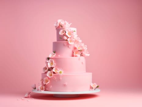 Beautiful multi-tiered cake decorated with flowers. On a pink background, there is a pink cake on a stand. High quality photo