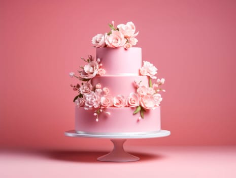 Beautiful multi-tiered cake decorated with flowers. On a pink background, there is a pink cake on a stand. High quality photo