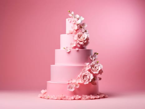 Beautiful multi-tiered cake decorated with flowers. On a pink background, there is a pink cake on a stand. High quality photo