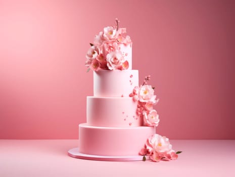 Beautiful multi-tiered cake decorated with flowers. On a pink background, there is a pink cake on a stand. High quality photo