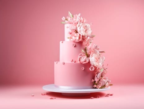 Beautiful multi-tiered cake decorated with flowers. On a pink background, there is a pink cake on a stand. High quality photo