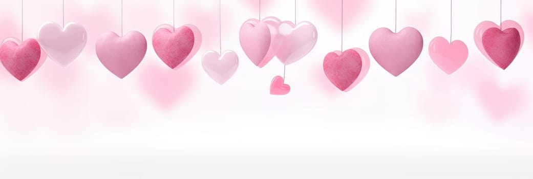 Illustration of defocused blurred pink hearts hanging from a white background. watercolor painting.