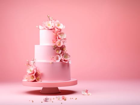Beautiful multi-tiered cake decorated with flowers. On a pink background, there is a pink cake on a stand. High quality photo