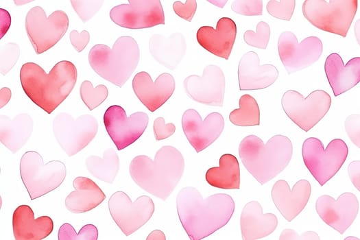 Watercolor painting background with little pink hearts, seamless pattern on white.