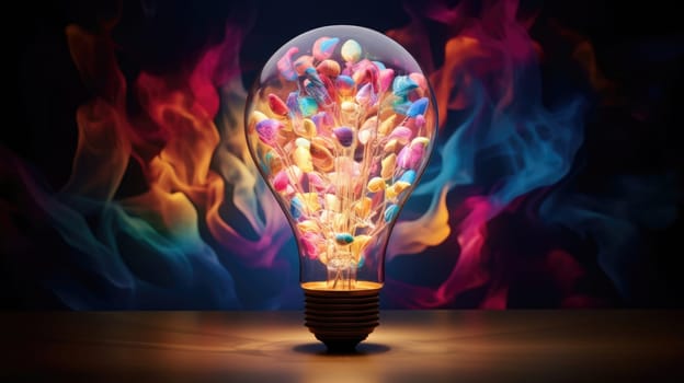 The moment of artist ultra realistic illustration - Generative AI. Lightbulb, color, smoke, blue.