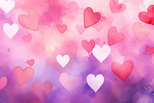 watercolor illustration of hearts on very soft and sweet pastel color abstract background.