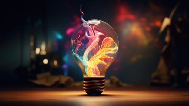 Lamp becomes a vessel ultra realistic illustration - Generative AI. Bulb, wooden, desk, orange.