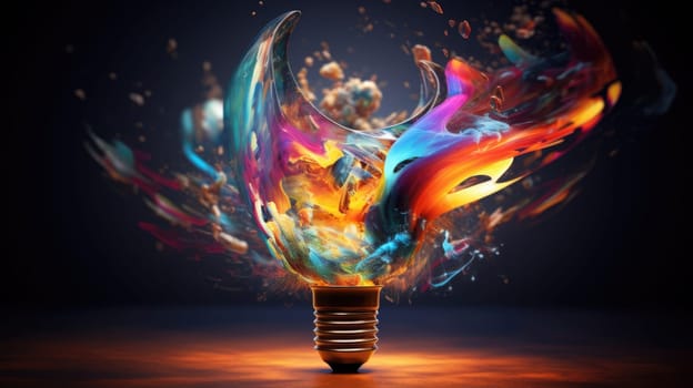 The essence of creativity ultra realistic illustration - Generative AI. Bulb, broken, colorful, splash.