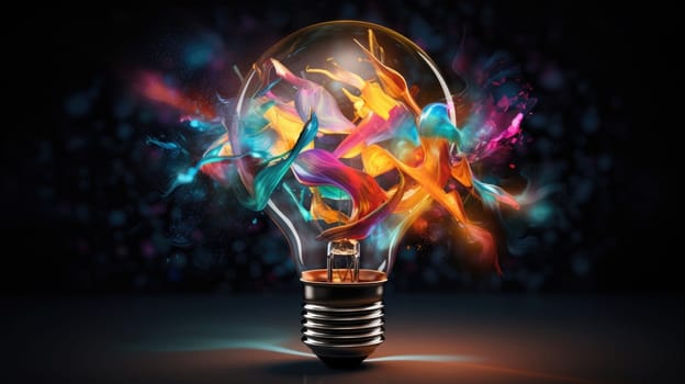 The essence of creativity ultra realistic illustration - Generative AI. Bulb, broken, colorful, splash.