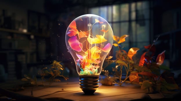 A bulb-shaped lamp shining brightly in an explosion of colorful inspiration ultra realistic illustration - Generative AI. Lightbulb, flowers, colorful, window.