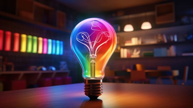 Lamp designed as a colorful bulb ultra realistic illustration - Generative AI. Bulb, rainbow, light, purple.