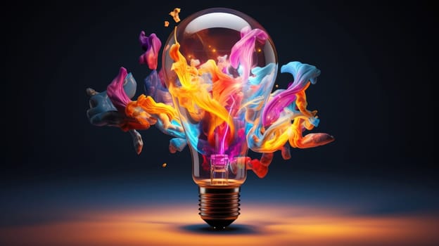 Colorful explosion of splashes emanates from a bulb-shaped lamp ultra realistic illustration - Generative AI. Lightbulb, purple, splash, orange, blue.