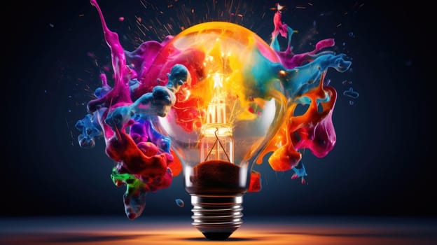 Colorful explosion of splashes emanates from a bulb-shaped lamp ultra realistic illustration - Generative AI. Lightbulb, purple, splash, orange, blue.