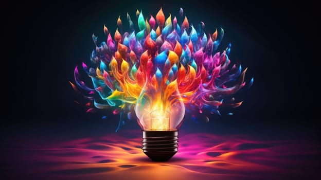 Bulb-shaped lamp serves as a canvas for a mesmerizing explosion of vibrant colors ultra realistic illustration - Generative AI. Colorful, bulb, bouquet, color.