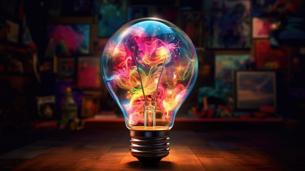 Bulb-shaped lamp shines brilliantly with a burst of vivid colors ultra realistic illustration - Generative AI. Lightbulb, glowing, colors, yellow, blue.