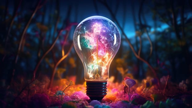 Bulb-shaped lamp shines brilliantly with a burst of vivid colors ultra realistic illustration - Generative AI. Lightbulb, glowing, colors, yellow, blue.