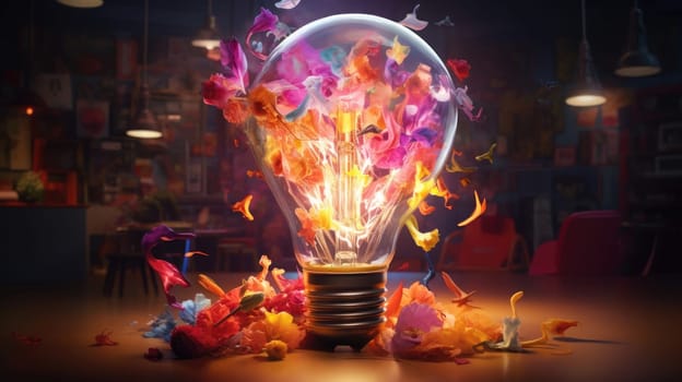 Bulb radiating an explosion of vibrant colors ultra realistic illustration - Generative AI. Explosion, vibrant, colors, bulb.
