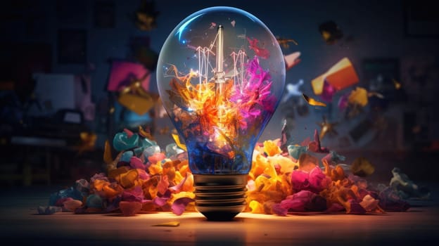 Bulb radiating an explosion of vibrant colors ultra realistic illustration - Generative AI. Explosion, vibrant, colors, bulb.