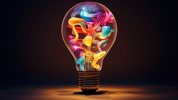 Colorful bulb radiating boundless creativity ultra realistic illustration - Generative AI. Lightbulb, glowing, purple, orange.