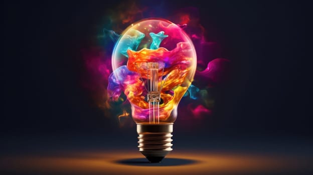 Colorful bulb radiating boundless creativity ultra realistic illustration - Generative AI. Lightbulb, glowing, purple, orange.