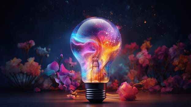 Colorful bulb radiating boundless creativity ultra realistic illustration - Generative AI. Lightbulb, glowing, purple, orange.