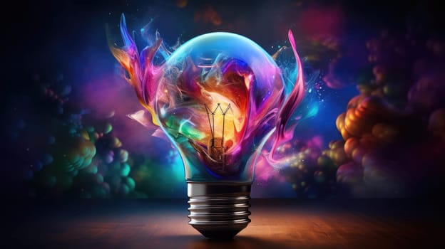 Bulb-shaped lamp bursting with vibrant, splashing colors ultra realistic illustration - Generative AI. Bulb, lamp, rainbow, light.