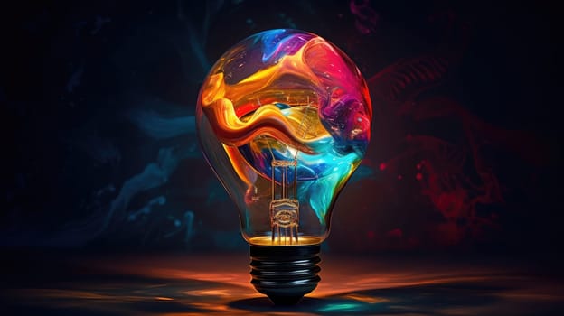 Bulb-shaped lamp bursting with vibrant, splashing colors ultra realistic illustration - Generative AI. Bulb, lamp, rainbow, light.