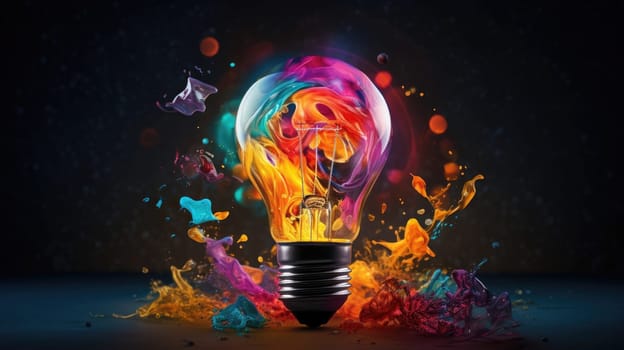 Bulb-shaped lamp bursting with vibrant, splashing colors ultra realistic illustration - Generative AI. Bulb, lamp, rainbow, light.